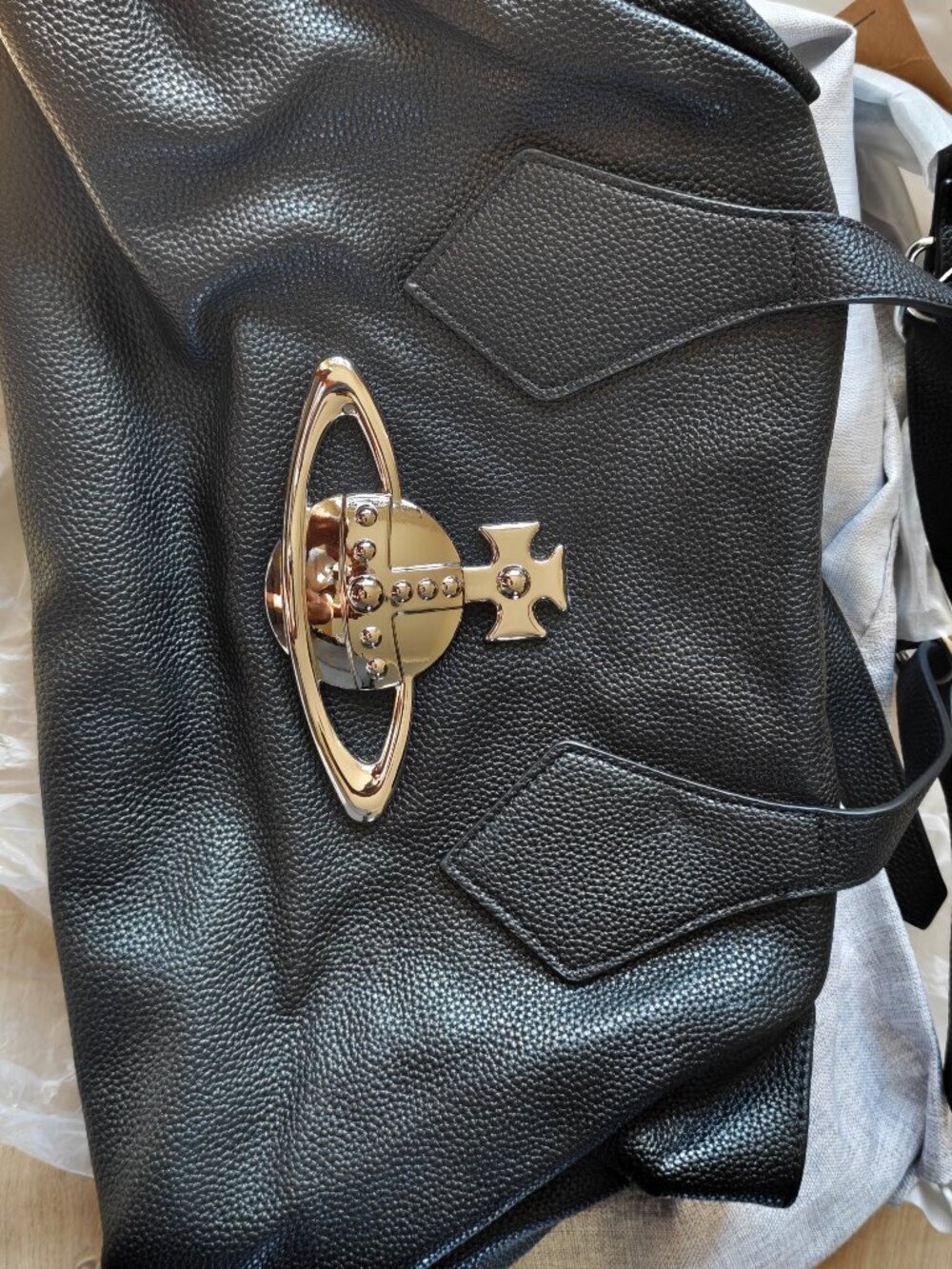 Vivienne Westwood Black Pebbled Leather Shoulder Bag with Gold Orb